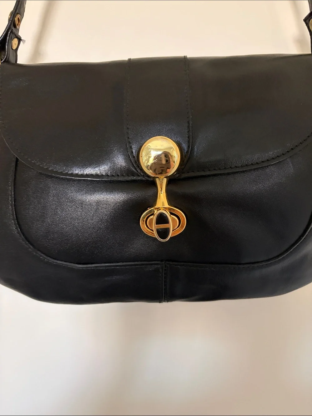 Vintage Black Leather Shoulder Bag with Gold Hardware, Strap 15 1/2 in. ,13x8 in